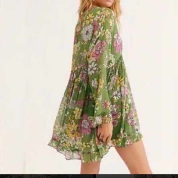 Free People Dress Women Size M Green Floral Sheer Baby Doll Festival Hippy 70s - Picture 1 of 12